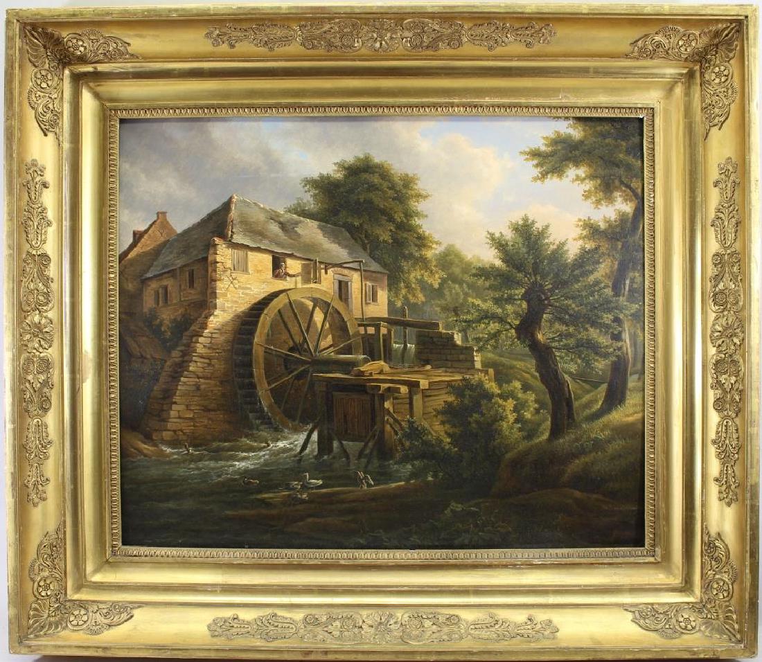 Jean Duplessis-Bertaux (1747 - 1819): Jean Duplessis-Bertaux (France, 1747 - 1819) Oil on board painting of a mill. Initialed. Sight Size: 18 x 22.25 in. Overall Size: 26 x 30 in.