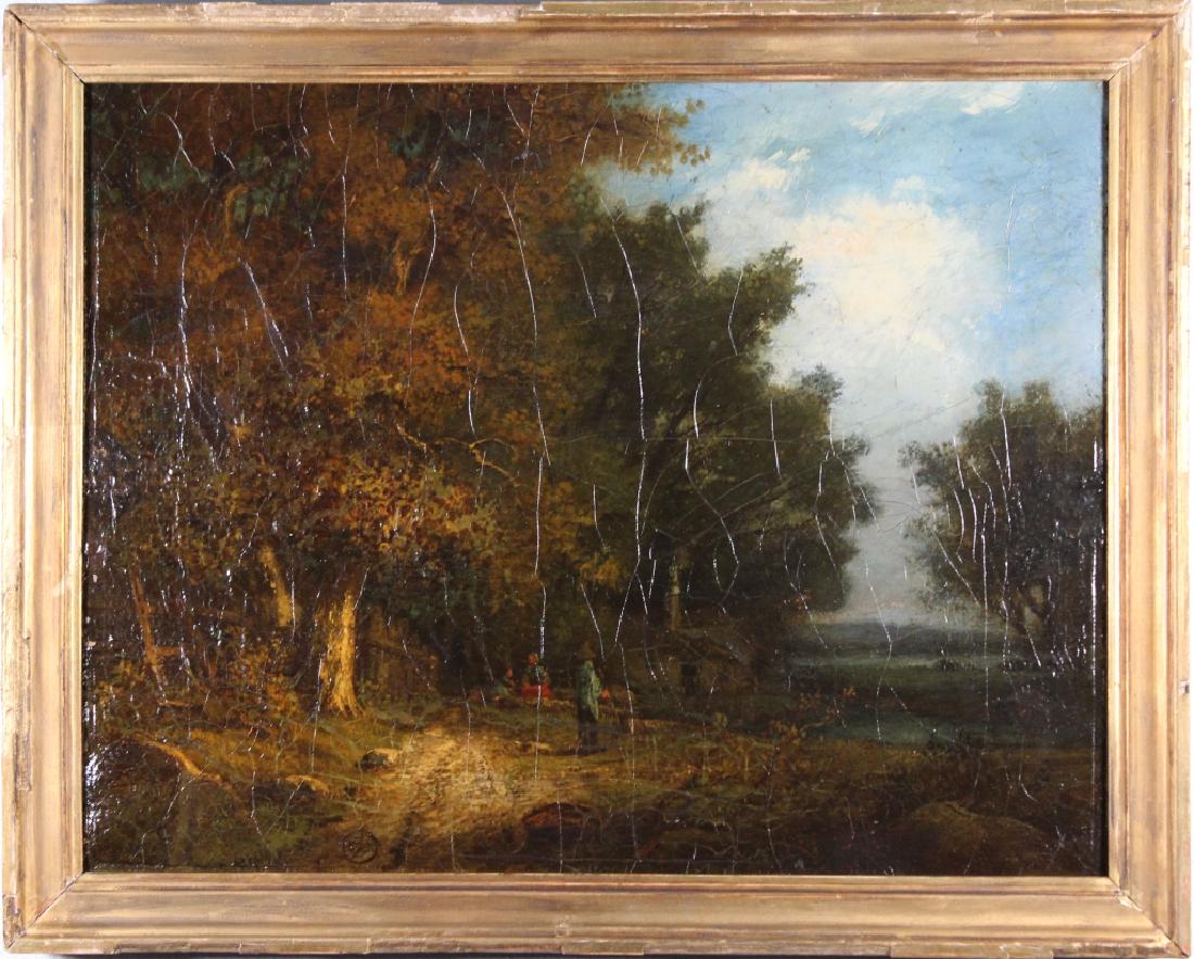 19th C. American School Plein Air landscape: 19th C. American School Plein Air landscape with figures in a pathway center left. Possibly monogrammed lower left. Oil on canvas. Sight Size: 11.75 x 15.75 in. Overall Size: 14.75 x 18 in.