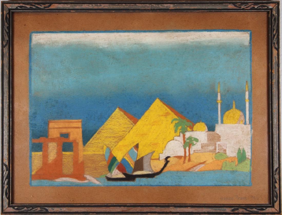 Vintage Pastel Painting of Nile River, Signed: Vintage Pastel Painting of Nile River with pyramids in the background. Indistinctly signed lower right. Sight Size: 7 x 10 in. Overall Size: 9.75 x 12.75 in. Framed behind glass.