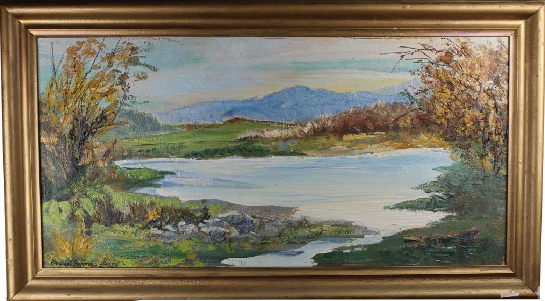 Ernest Gyimesi Kasas (1901-) Landscape: Ernest Gyimesi Kasas (1901-) Landscape. Oil/Canvas. Signed lower left. Inscribed verso. Sight Size: 14.5 x 29.5 in. Overall Size: 19.25 x 34.25 in.