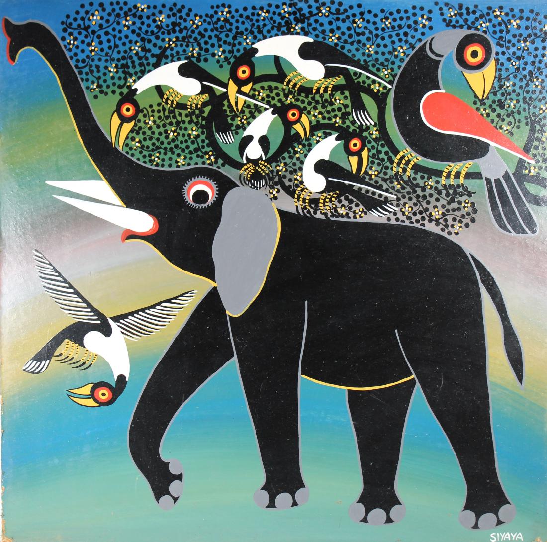Siyaya, Vintage Painting of Elephant & Toucans: Siyaya, Vintage Painting of Elephant & Toucans. Oil on board. Signed lower right. Size: 23.5 x 23.5 in. Unframed.