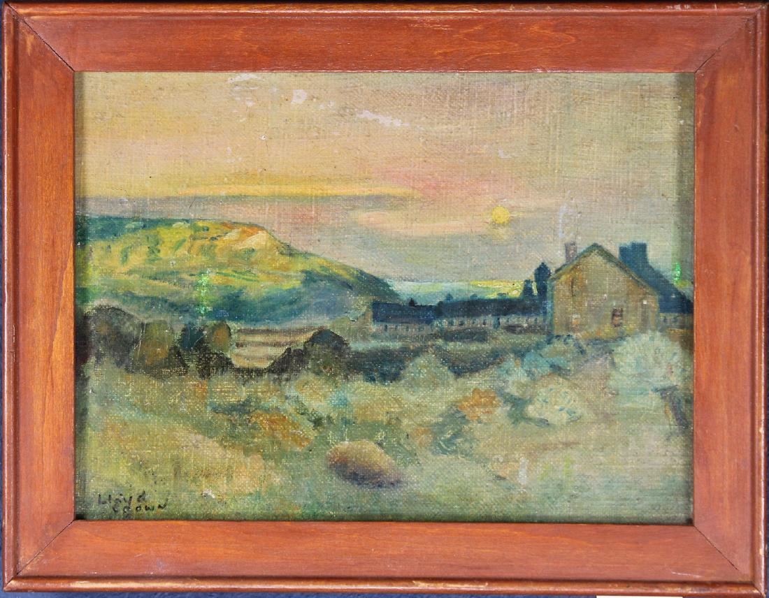 Signed, 20th C. Painting of Farm in a Landscape: Signed, 20th C. Painting of Farm in a Landscape. American School. Signed lower left. Oil/Canvas. Sight Size: 5.75 x 7.75 in. Overall Size: 7.5 x 9.5 in.