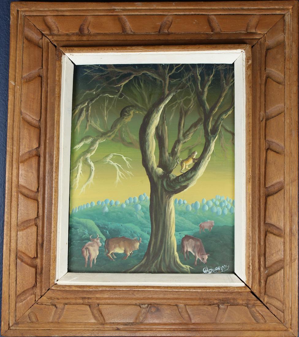 Signed, Vintage Surrealist Landscape with Cows: Signed, Vintage Surrealist Landscape with Cows. Indistinctly Signed lower right. Oil on board. Sight Size: 9.5 x 7.5 in. Overall Size: 15.25 x 13.5 in.