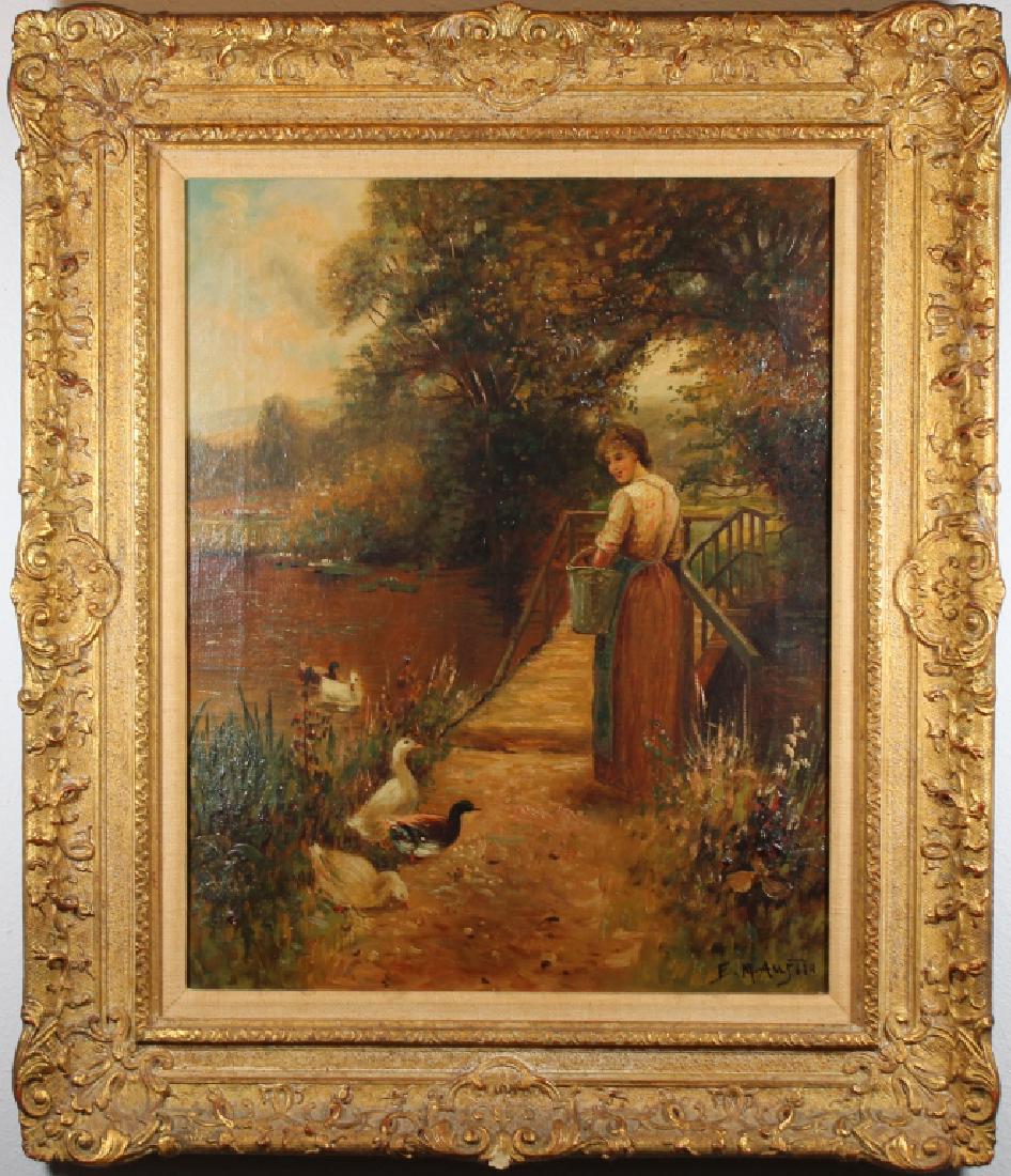 Signed, 19th C. Painting of Woman Feeding Ducks: Signed, 19th C. Painting of Woman Feeding Ducks. Signed lower right. Oil on board. Sight Size: 19 x 15 in. Overall Size: 27 x 23.25 in.