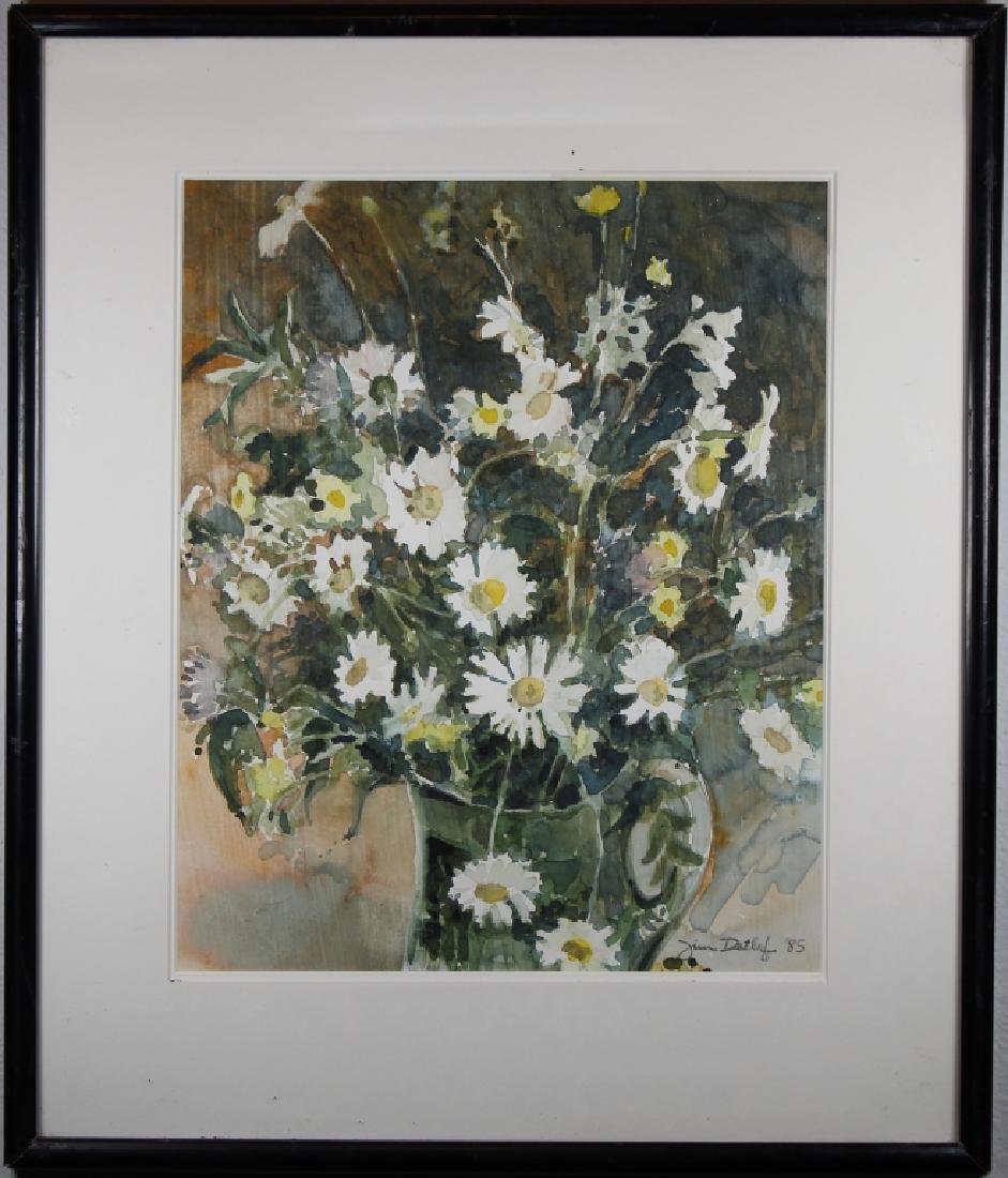Signed '85 Watercolor of an Arrangement of Flowers: Signed '85 Watercolor of an Arrangement of Wildflowers. Signed and dated lower right. Sight Size: 13.5 x 11 in. Overall Size: 20 x 17 in. Framed behind glass.