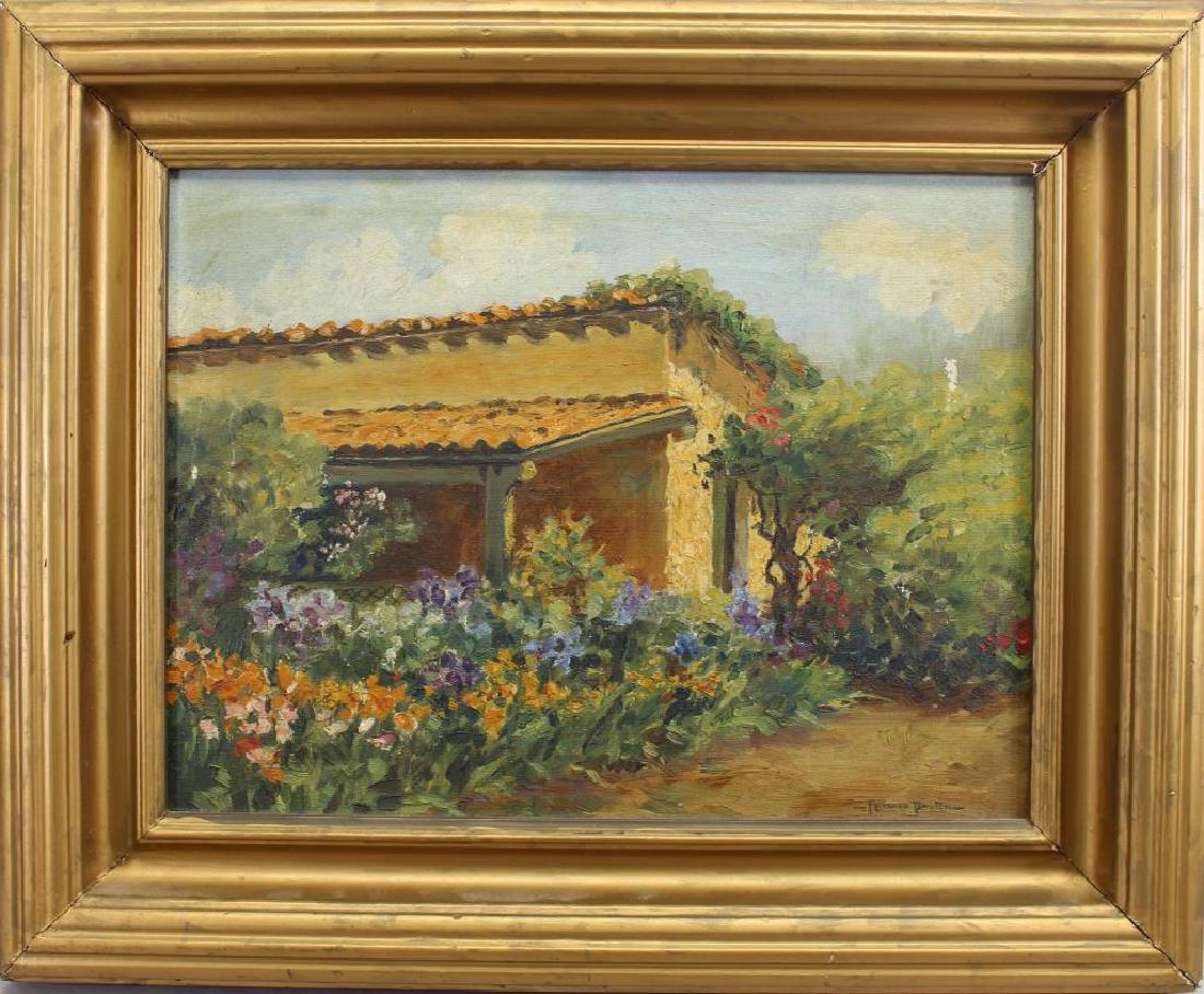 Florence Payton (American 20th C): Florence Payton (American 20th C) Impressionist painting of a cottage with a flower garden. Oil on canvas. Signed lower right. Sight Size: 11 x 16 in. Overall Size: 17.5 x 21.5 in.