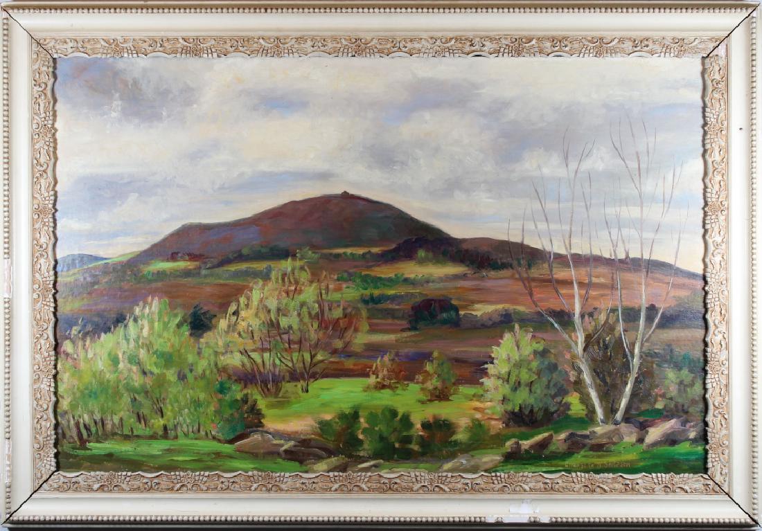 Elizabeth Sampson (MA, Mid 20th Century): Elizabeth Sampson (MA, Mid 20th Century) Oil on masonite painting of Mt. Wachusett from Justice Hill. Signed lower right. Sight Size: 18 x 28 in. Overall Size: 23 x 33.25 in.