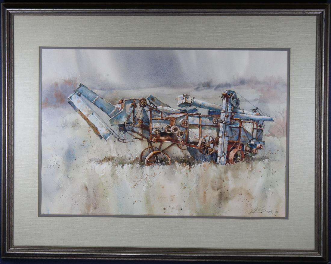 L. Veeder, Watercolor of a Tractor in a Landscape: L. Veeder, Watercolor of a Tractor in a Landscape. 20th century. Sight size: 14 x 20.5 in. Overall Size: 21.75 x 27.75 in. Framed behind glass.
