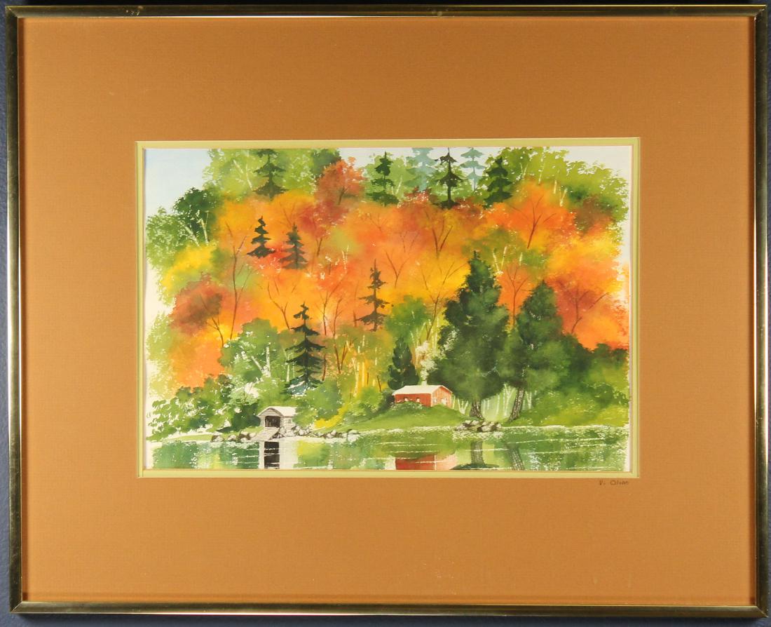 Vi Olson, Watercolor of a Cottage on a Lake: Vi Olson, Watercolor of a Cottage on a Lake. 20th century. Signed lower right on margin. Sight Size: 8.5 x 13 in. Overall Size: 16.25 x 20.25 in. Framed behind glass.