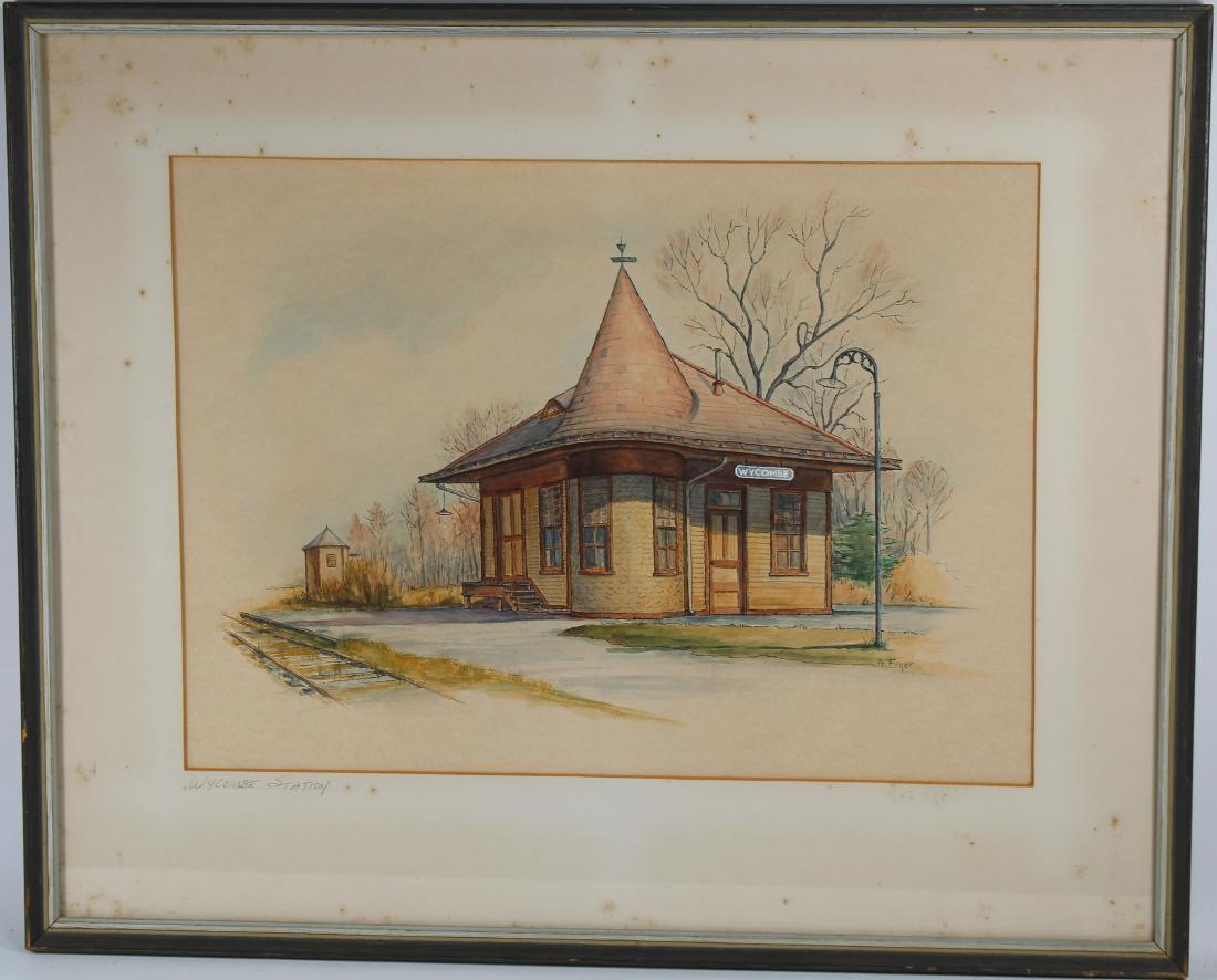 "Wycombe Station" Aaron Fryer (late 20th century): "Wycombe Station" Aaron Fryer (Pennsylvania, late 20th century) Signed lower right. Sight Size: 10 x 14 in. Overall Size: in. Watercolor/Paper.