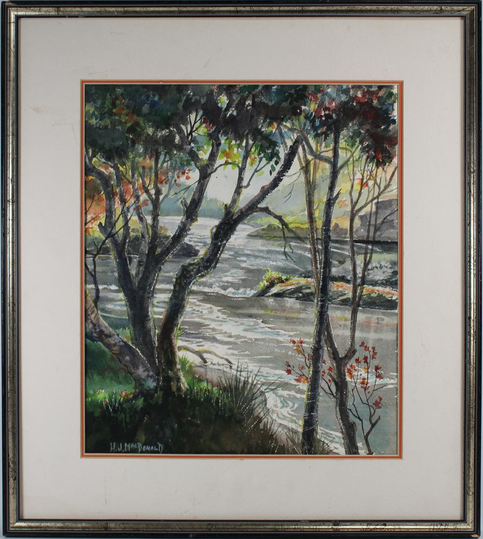 H.J MacDonald, "Mountain Stream": H.J MacDonald, "Mountain Stream" Watercolor/Paper. Signed lower left. Sight Size: 14 x 12 in. Overall Size: in.