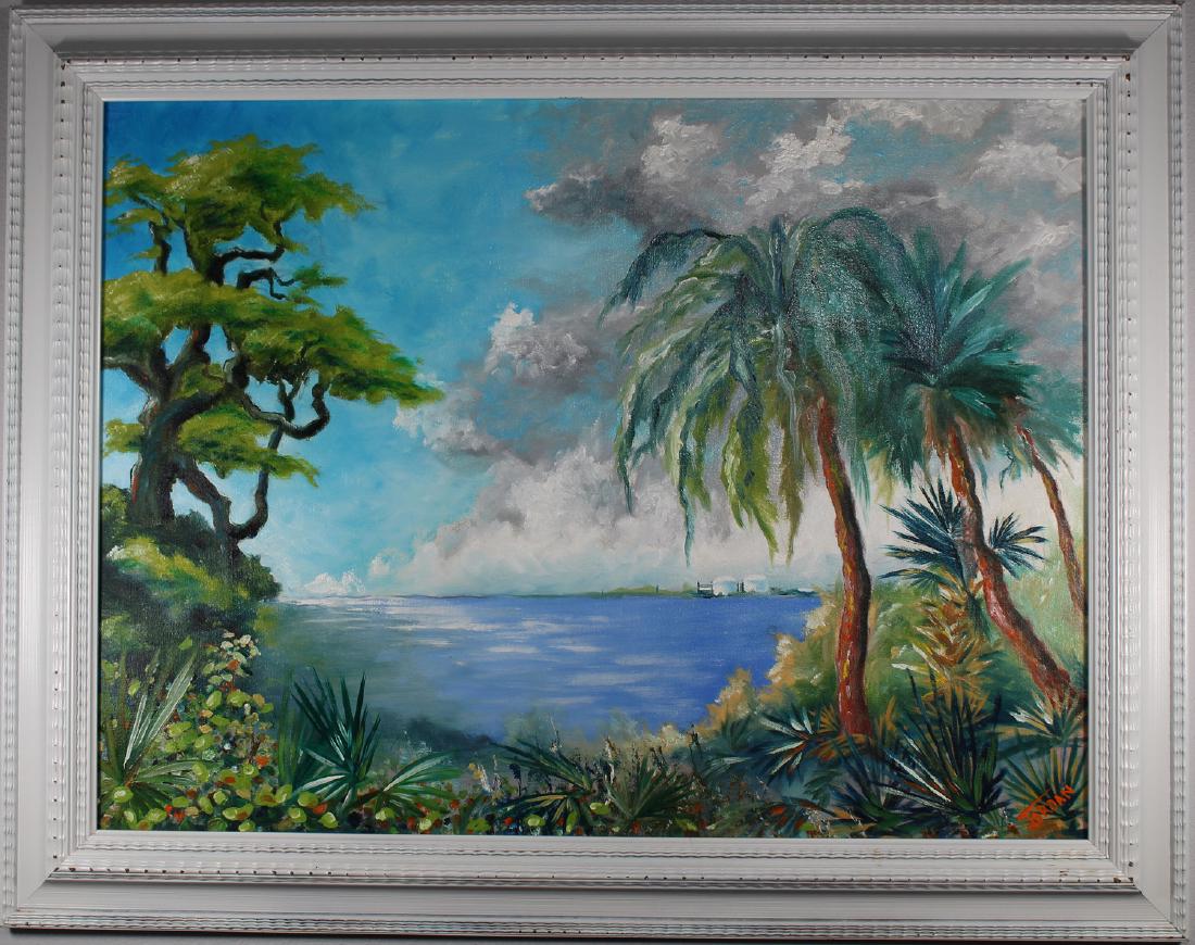 Florida School, Signed Coastal Scene: Florida School, Signed Coastal Scene. "Jordan" Signed lower right. Oil/Canvas. Sight Size: 23 x 31 in. Overall Size: in.