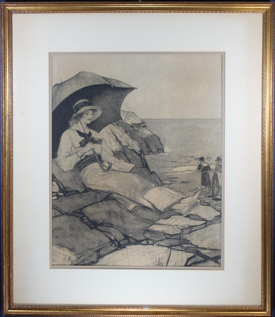 American School, Woman Resting at the Beach: American School, Woman Resting at the Beach. Pencil/Paper. Appears to be unsigned. Early 20th century. Sight size: 20 x 15.5 inches.