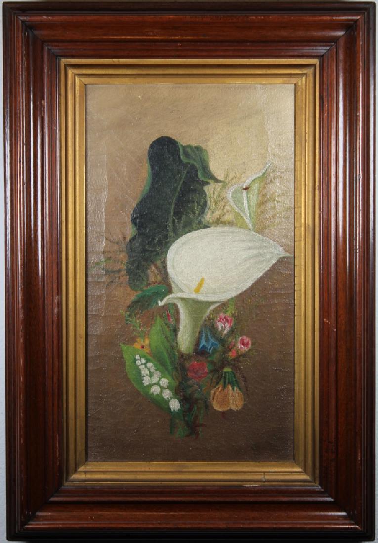 19th C. American School Still Life Painting: 19th C. American School Still Life Painting of an arrangement of flowers. Appears to be unsigned, has not been examined out of frame. Sight Size: 13 x 7.5 in. Overall Size: 19.25 x 13.25 in.