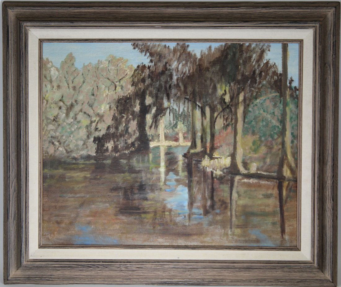 "Middleton Gardens, Charleston SC" Signed Painting: "Middleton Gardens, Charleston South Carolina" Signed 1969 River landscape painting. Signed "Betty Campbell" verso. Oil on board. Sight size: 15 x 19 in. Overall Size: 21.5 x 25.5 in.