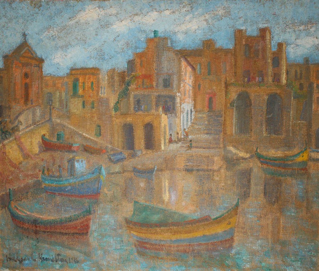 Hildegarde Hume Hamilton (1898 - 1970) Malta: Hildegarde Hume Hamilton (1898 - 1970) "St. Julien's Bay, Malta" Oil on canvas painting. Signed and dated lower left. Size: 15 x 18 in. Unframed. Hildegard Hume Hamilton was born in Syracuse, New York
