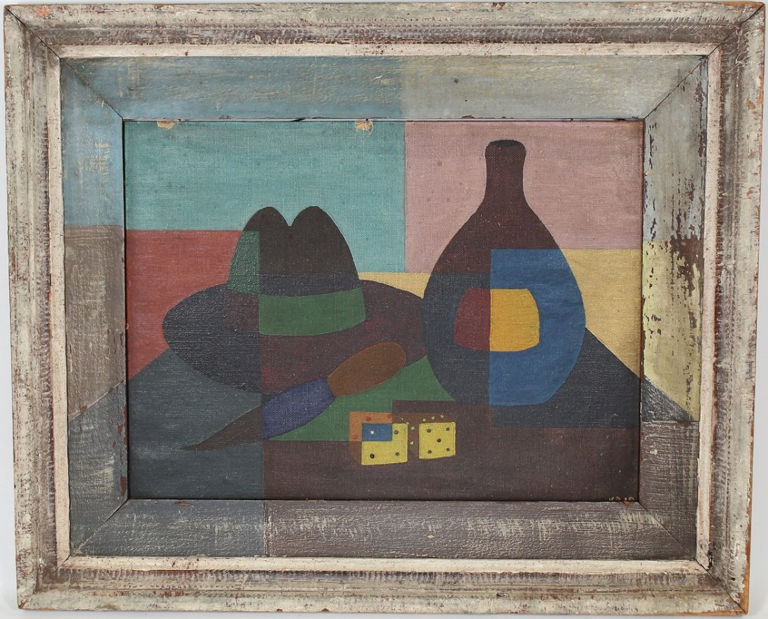20th C. Cubist Still Life, Signed: 20th C. Cubist Still Life, Signed "Kris"? lower right. Oil on board. Housed in original vintage frame. Sight size: 8.75 x 11.75 inches.