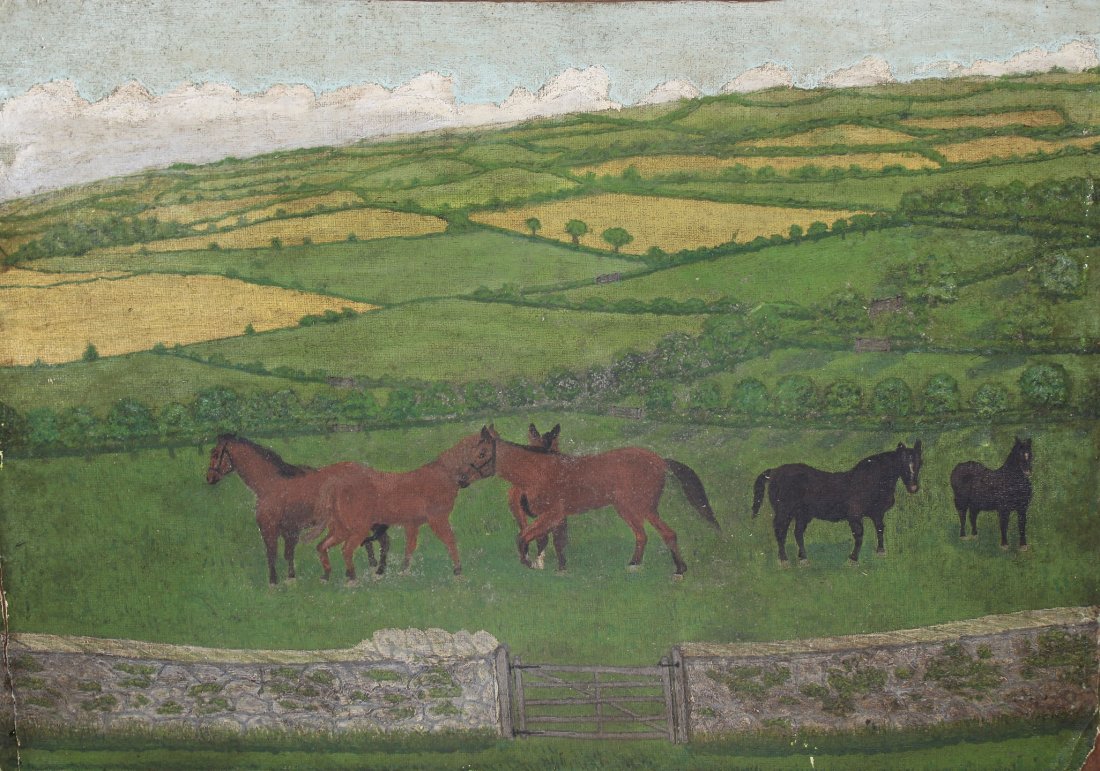 American School, Horses in Pastoral Landscape: American School, Horses in Pastoral Landscape. 20th century. Oil on board. Appears to be unsigned. Size: 14 x 20 inches.