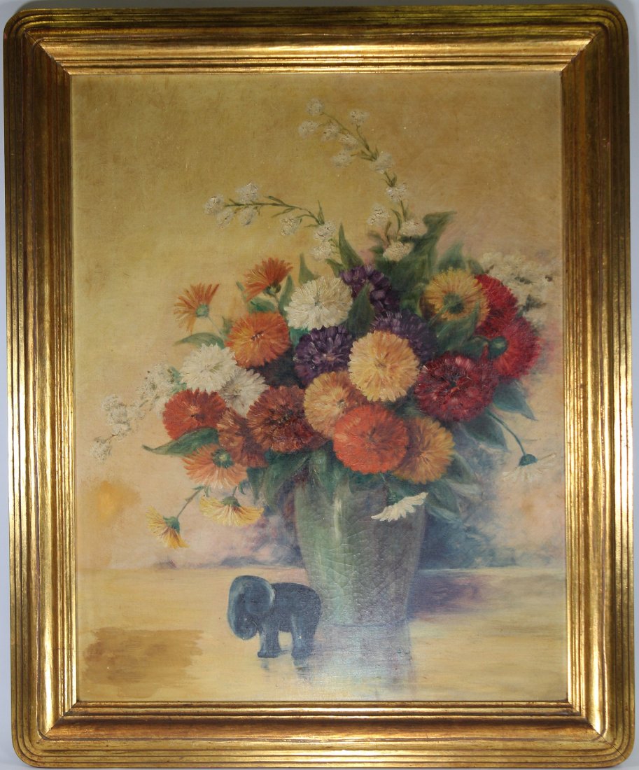 Antique American School Still Life Painting: Antique American School Still Life Painting of a Bouquet of Flowers and a diminutive elephant sculpture on a table setting. Oil on canvas. Appears to be unsigned. Sight size: 27.5 x 21.5 inches.