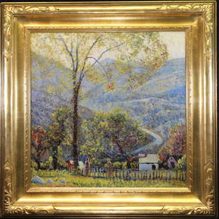 Manner of Edward Redfield (1869 - 1965), Signed: Manner of Edward Redfield (Pennsylvania, Delaware, 1869 - 1965) signed impressionist landscape. Oil on canvas. Sight size: 23.5 x 23.5 in. Overall Size: 32.75 x 32.75 in. Depicting figures in the