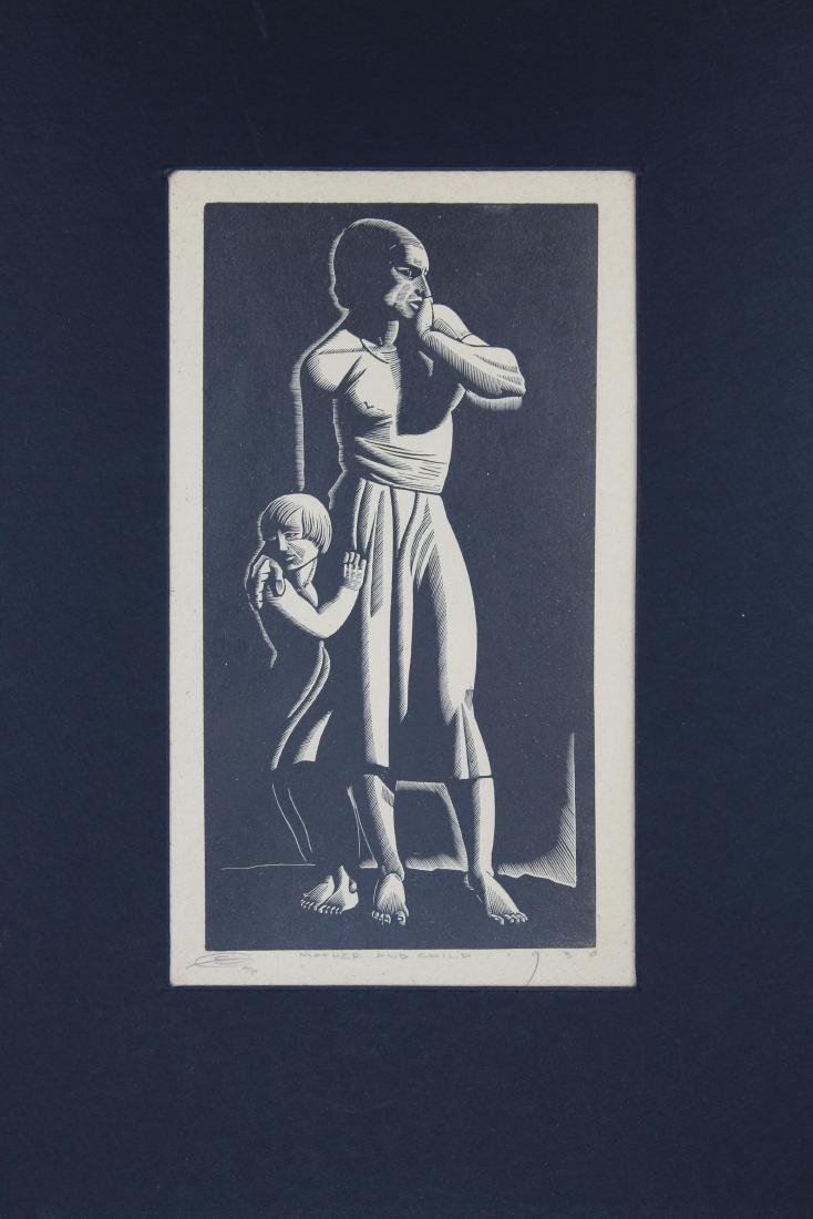Earl Marshawn Washington (b 1962) "Mother & Child": Earl Marshawn Washington (born 1962) "Mother & Child" woodcut. After a 1930 image. Late 20th century. Signed in lower margin. Image size: 8.75 x 4.75 in. Overall Size: 16 x 12 in. Unframed.