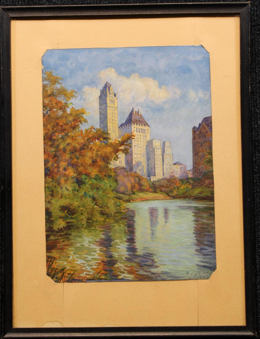1932 Central Park NYC Watercolor, Signed: 1932 Central Park New York City Watercolor, Signed "Velasco" and dated (1932) lower right. Sight size: 10 x 7 in. Overall Size: 14.25 x 10.75 in. Framed behind glass.