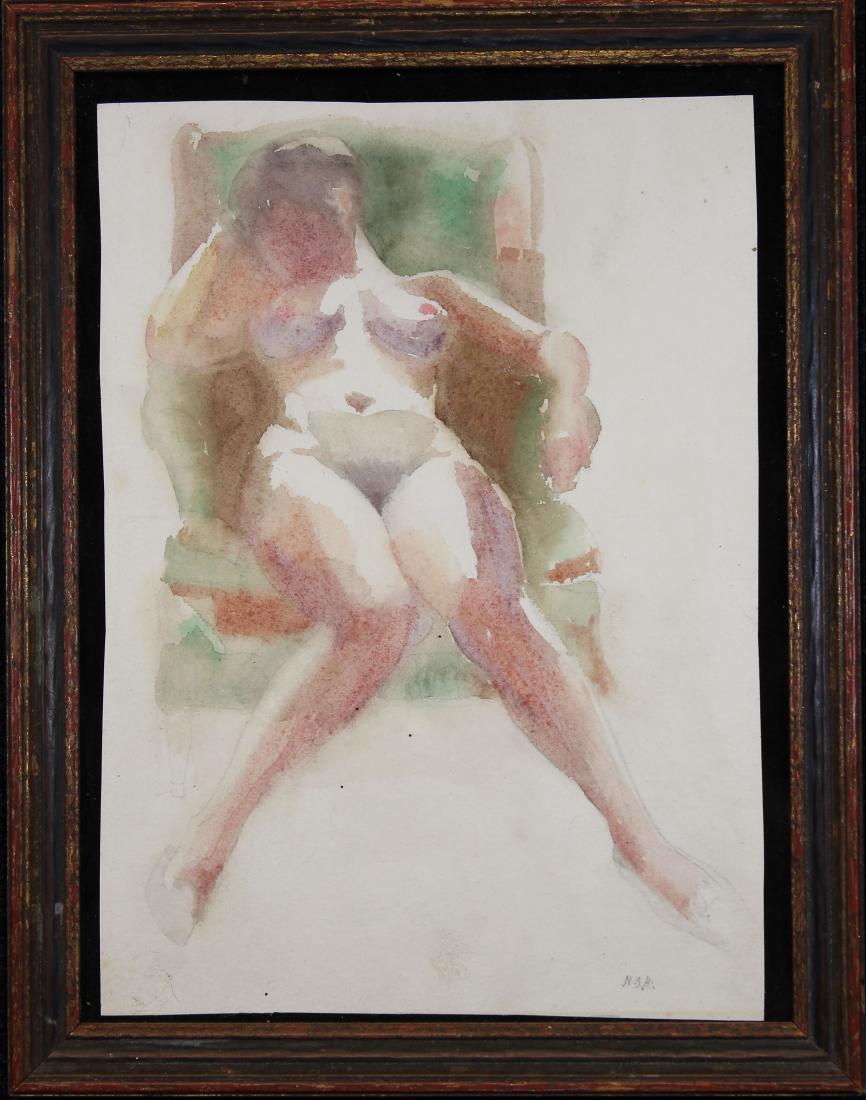 "Nude Resting" Sir Ninian Buchan-Hepburn: "Nude Resting" Sir Ninian Buchan-Hepburn (1922 - 1992). Watercolor. Labels verso. Initialed lower right. Image Size: 13 x 9.5 in. Overall Size: 15.5 x 12 in. Framed behind glass.