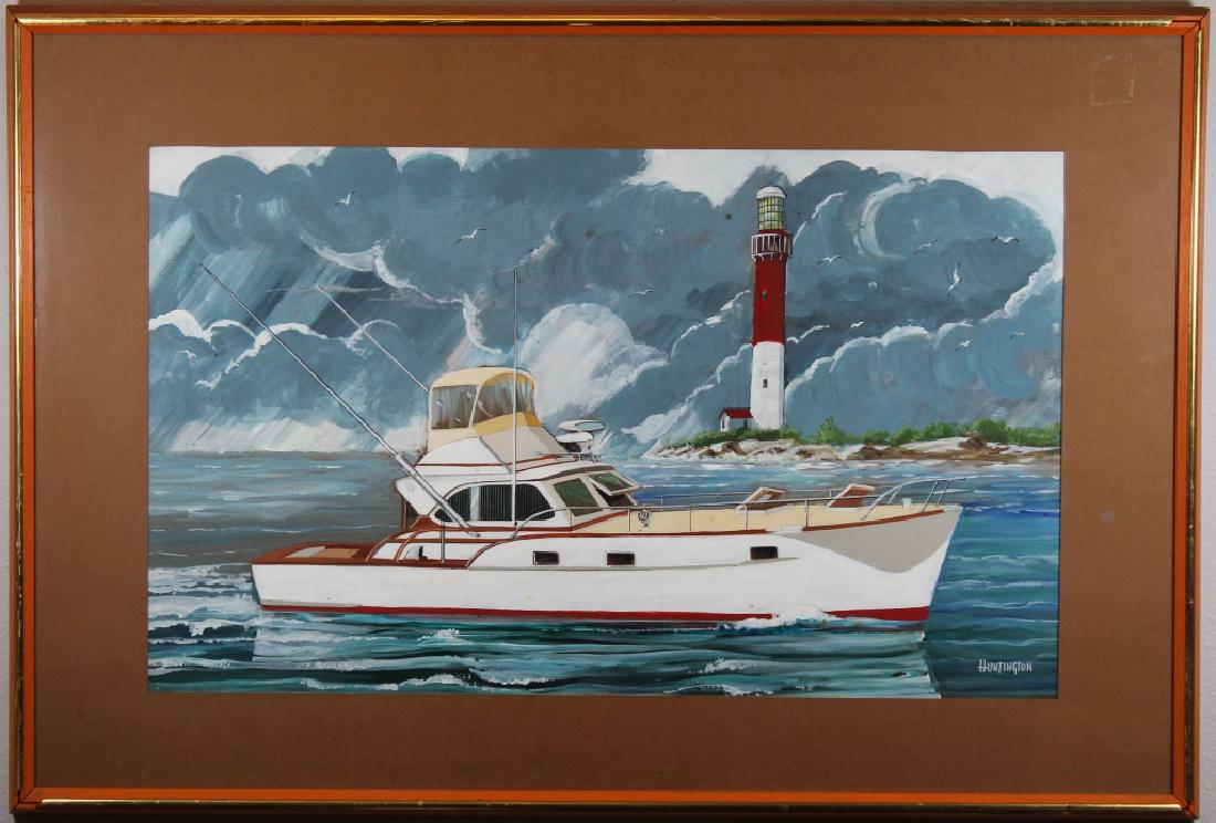 Huntington, Illustration of a Boat near Lighthouse: Huntington, Illustration of a Boat near Lighthouse. Signed lower right. Sight Size: 17 x 28 in. Overall Size: 25.5 x 37.5 in. Framed behind glass. Mixed media/paper.