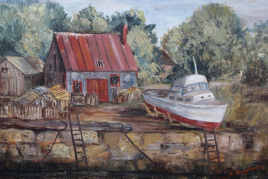 E Douglass, Boat Near New England Lobster Shack: E Douglass, Boat Near New England Lobster Shack. American School. Oil on board. Titled verso. Size: 10 x 16 inches.