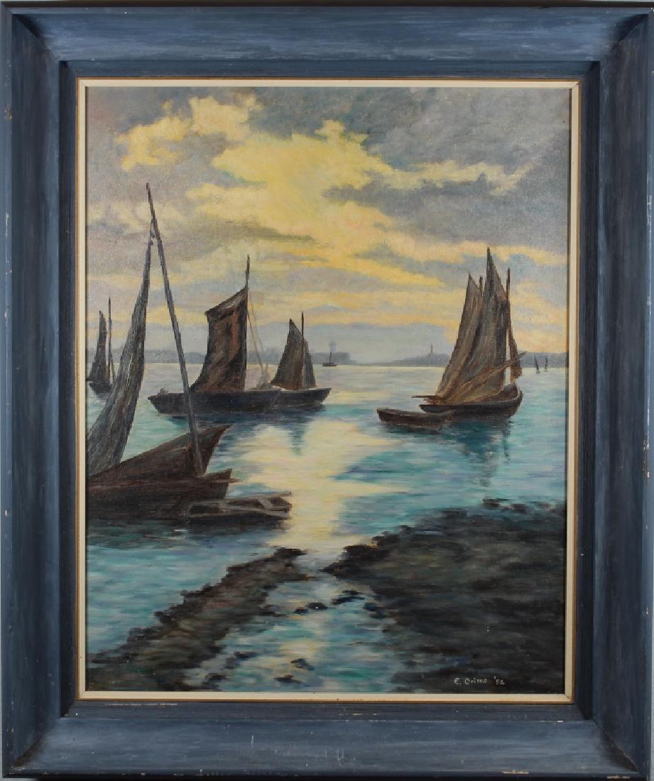 Crites '54 Signed Harbor Scene with Sailboats: Crites '54 Signed Harbor Scene with Sailboats throughout. Oil on board. Signed and dated in lower portion. Sight Size: 19.5 x 15 in. Overall Size: 24.25 x 20.5 in.