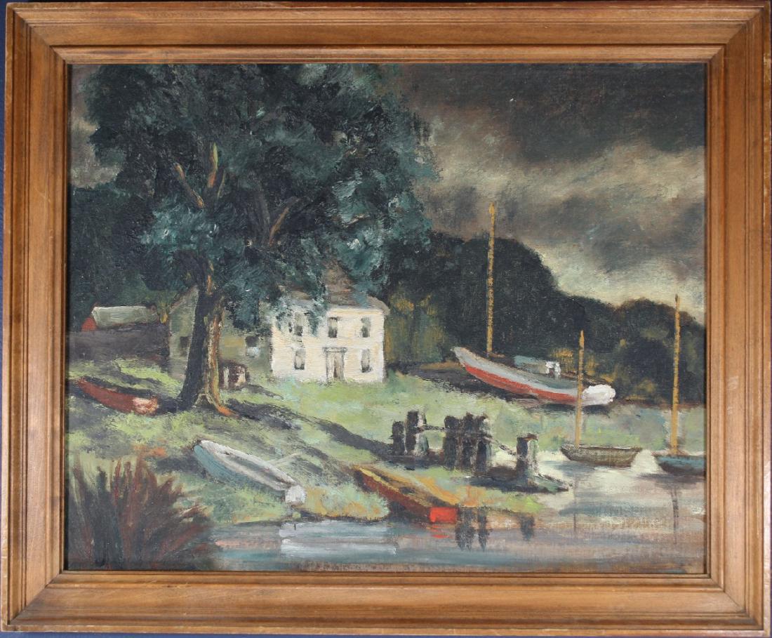 American School, Vintage Painting of Docked Boats: American School, Vintage Painting of Docked Boats. Oil on board. Appears to be unsigned. Pencil Inscription verso. Sight size: 15.5 x 19.5 in. Overall size: 19 x 23 in.