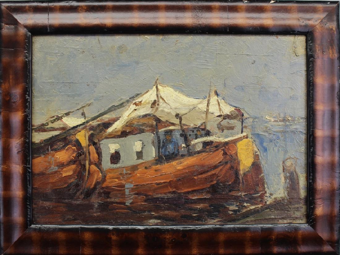 Marie Henrie MacKenzie (1878 - 1961): Marie Henrie MacKenzie (Netherlands, 1878 - 1961) Oil on canvas painting of a boat. Inscribed verso. Sight size: 9.2 x 13.2 in. Overall size: 12.7 x 16.7 in.
