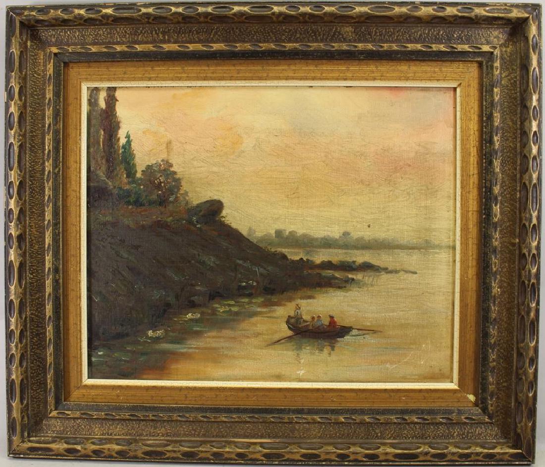European School, 19th C. Coastal Painting: European School, 19th C. Coastal Painting with figures approaching the shore. Oil/Canvas. Sight Size: 12.5 x 15.75 in. Overall Size: 19 x 22.25 in.