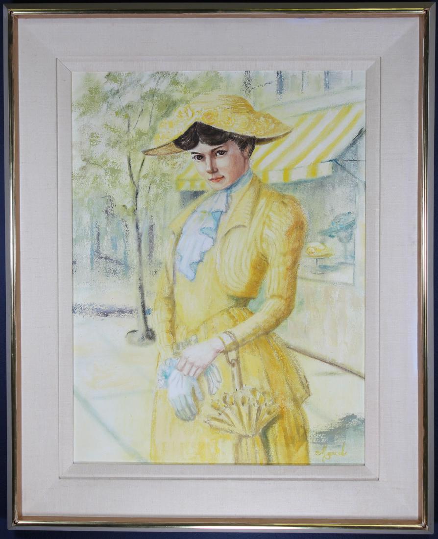Marcella Nordseth, Woman in Yellow Bonnet: Marcella Nordseth, Vintage Painting of an Elegant Woman Dressed in Yellow. Oil on canvas. Signed lower right. Sight size: 23.5 x 17 in. Overall Size: 31.75 x 25.75 in.