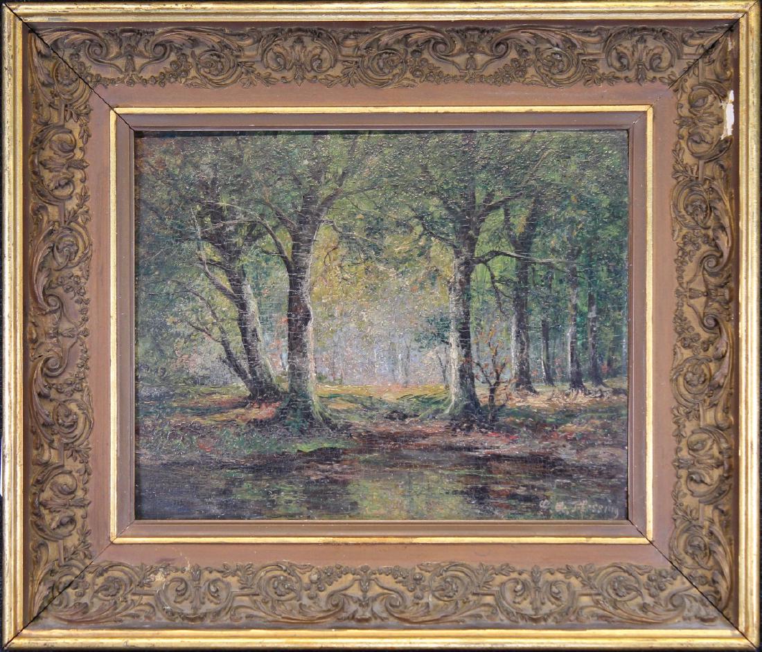 Antique Painting of a Wooded Landscape, Signed: Antique Painting of a Wooded Landscape, Signed indistinctly lower right. Oil on board. Illegibly inscribed verso. Signed lower right. Sight Size: 8 x 10 in. Overall Size: 13 x 15 in.