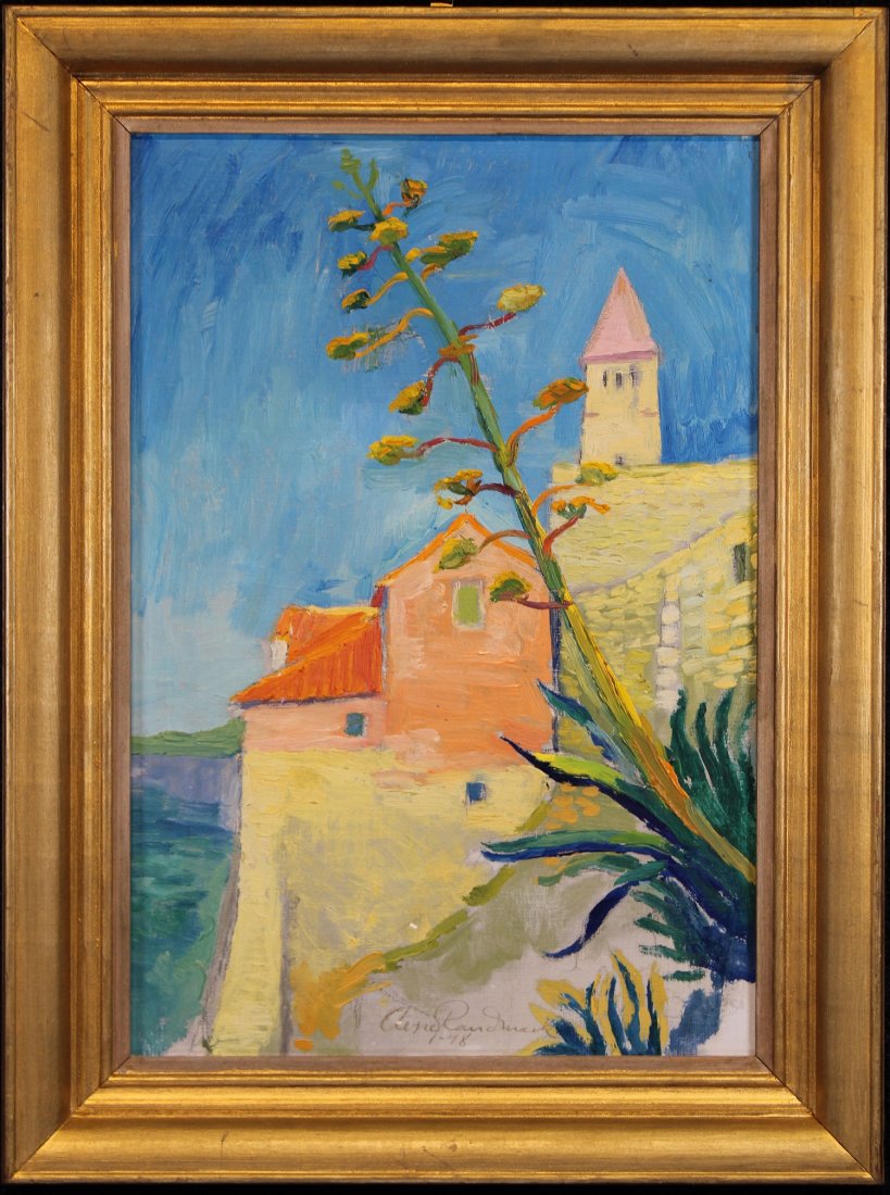 Signed, European School Painting of a Villa: Signed, European School Painting of a Villa near the coast. Signed and dated ('48) lower middle. Oil on Board. Sight Size: 14 x 9.5 in. Overall Size: 18 x 13.5 in.