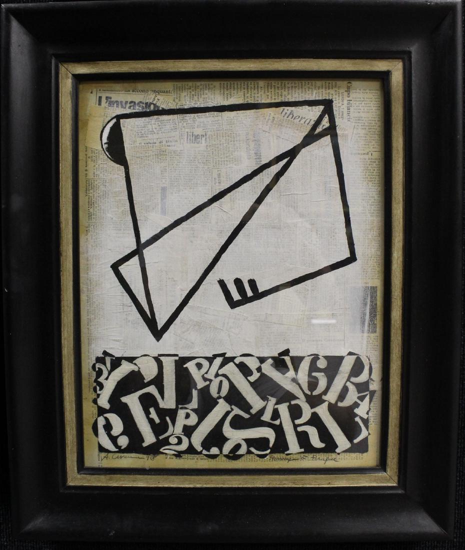 "Hommage a Braque" Abstract Modernist Painting: "Hommage a Braque" Abstract Modernist Painting. Mixed media on newspaper. Signed and titled lower margin. Sight Size: in. Overall Size: 23.5 x 19.75 in. Framed behind glass.