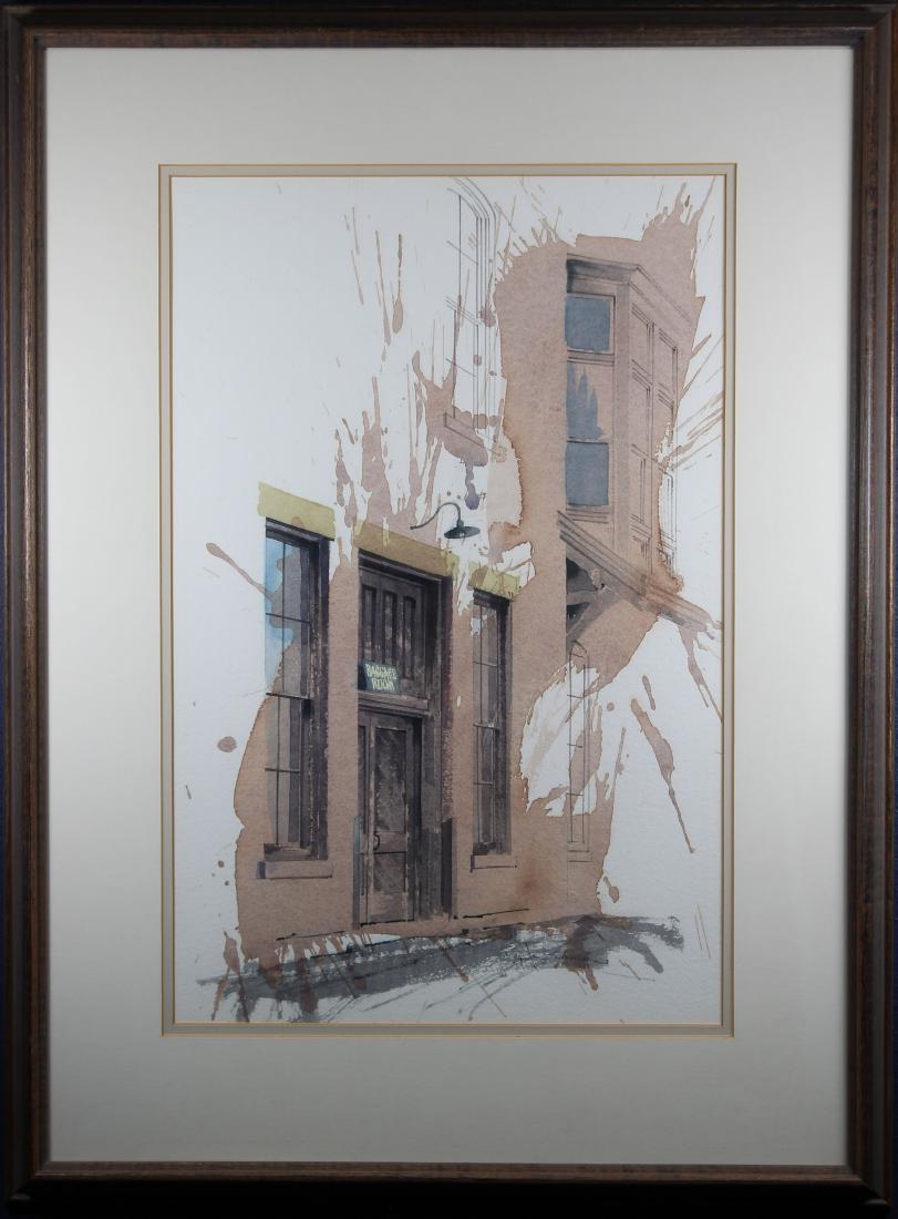 John Runions (Early 20th C.) "Baggage Room": John Runions (Early 20th C.) "Baggage Room" Watercolor. Signed lower right. Gallery label verso. Sight Size: 20.5 x 13 in. Overall Size: 29.5 x 22 in. Framed behind glass.