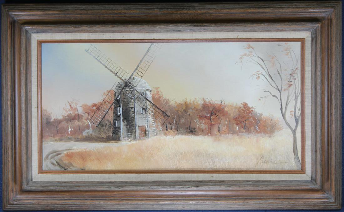 Jeanne Bonine (Arizona, 20th C.): Jeanne Bonine (Arizona, 20th century) Oil on canvas painting of a windmill. Signed lower right. Sight Size: 11.5 x 23.5 in. Overall Size: 19 x 31 in.