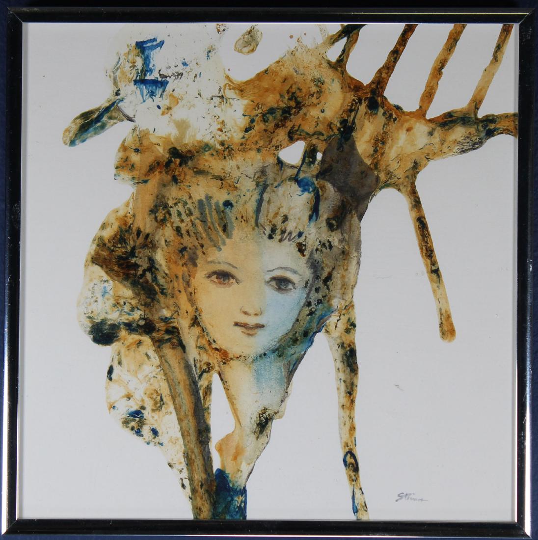 Dorothy Steiner, Watercolor/Ink Collage: Dorothy Steiner, Watercolor/Ink Collage of a figure. With original label verso. Signed lower right. Sight size: 8 x 8 in. Overall Size: 8.75 x 8.75 in. Framed behind glass.