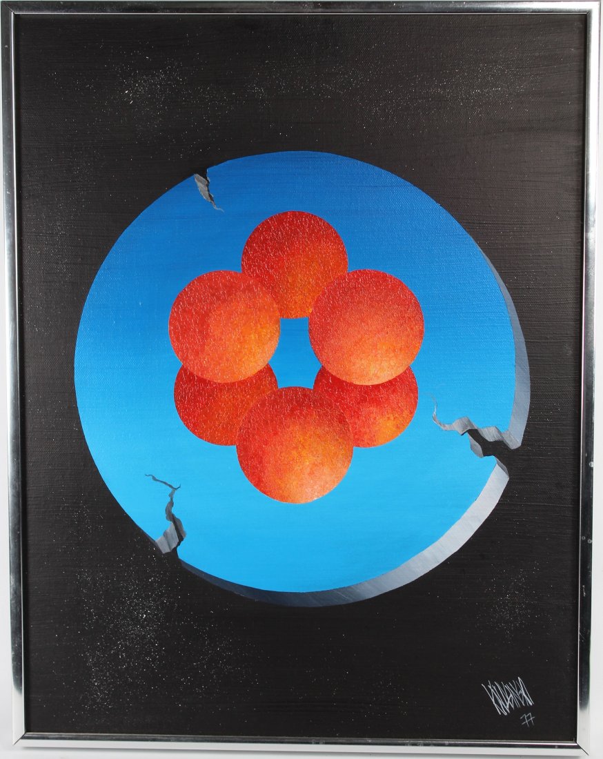 "Six Orange Balls" Signed Surrealist Painting, '77 (1 of 4)