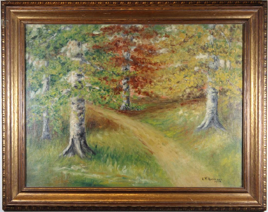 1926 Signed Painting of a Wooded Pathway: 1926 Signed Painting of a Wooded Pathway. Signed and dated lower right. American School. Sight Size: 17 x 23 in. Overall Size: 22.5 x 28.5 in. Framed behind glass.