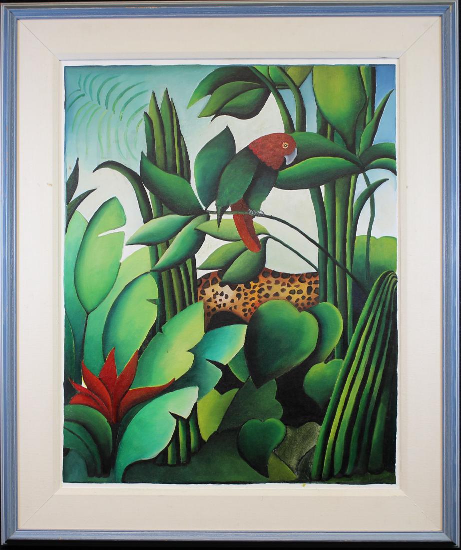 20th C. Painting of Parrot in Tropical Landscape: 20th C. Painting of Parrot in Tropical Landscape with a another lurking animal in the background. Oil on board. Appears to be unsigned. Sight size: 29 x 23 in. Overall Size: in.