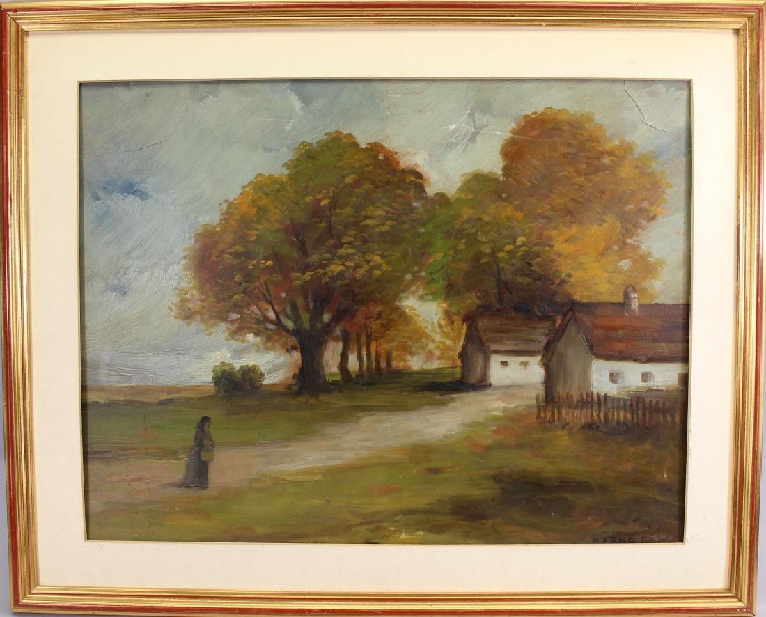 Ern Marko (Hungary, 1868 - 1945): Ern Marko (Hungary, 1868 - 1945) oil on board painting of an autumnal farm landscape. Signed lower right. Sight Size: 16 x 21 in. Overall Size: 21.5 x 26.5 in.