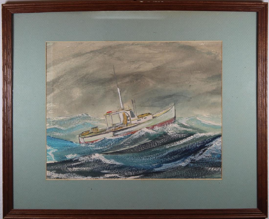 Wilkerson, Painting of Ship in Rough Seas: Wilkerson, Painting of Ship in Rough Seas. Appears unsigned, attribution verso. Sight Size: 10.5 x 14 in. Overall Size: 17 x 21.25 in. Framed behind glass. Mixed media/paper.