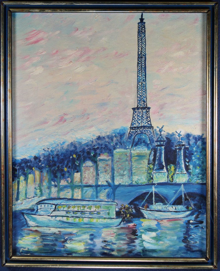 20th C. Painting of Eiffel Tower from the Seine (1 of 2)