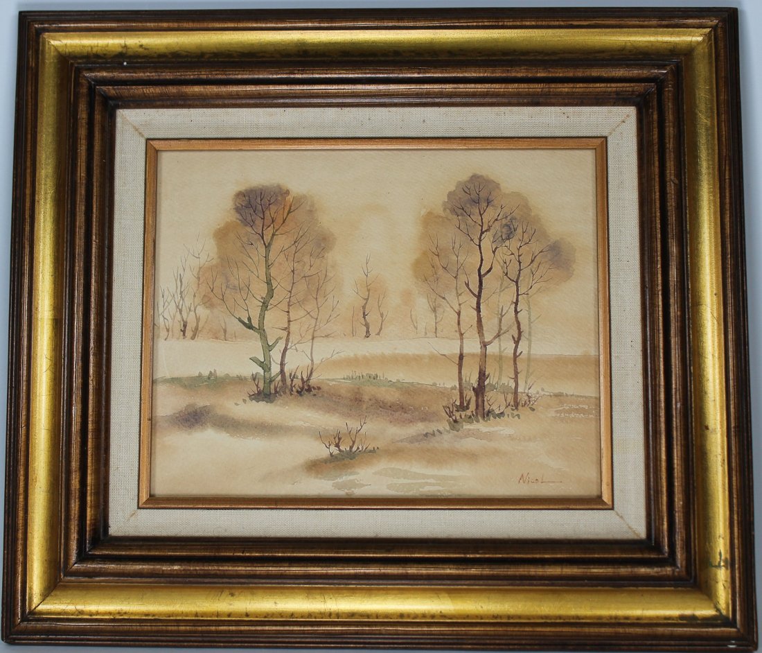Nicol, 20th C. Landscape Watercolor: Nicol, 20th C. Landscape Watercolor. Signed lower right. Sight size: 7 x 9.5 inches.