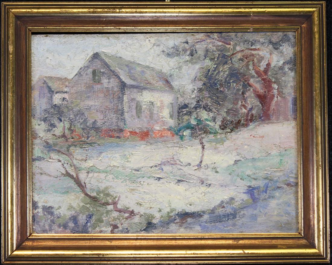 American School, 20th C. Painting of a Farmhouse: American School, 20th C. Painting of a Farmhouse in a landscape. Oil on board. Appears to be unsigned. Sight size: 10 x 12.5 in. Overall Size: in.