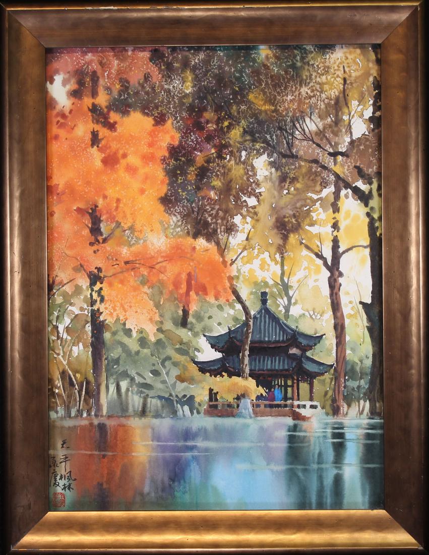 Wang Ke Da (China, Born 1953): Wang Ke Da (China, Born 1953) Watercolor of a pavillion near a river. Signed lower left. Artist biography verso. Sight size: 20.5 x 15 inches. Overall framed size: 25 x 19.2 inches.