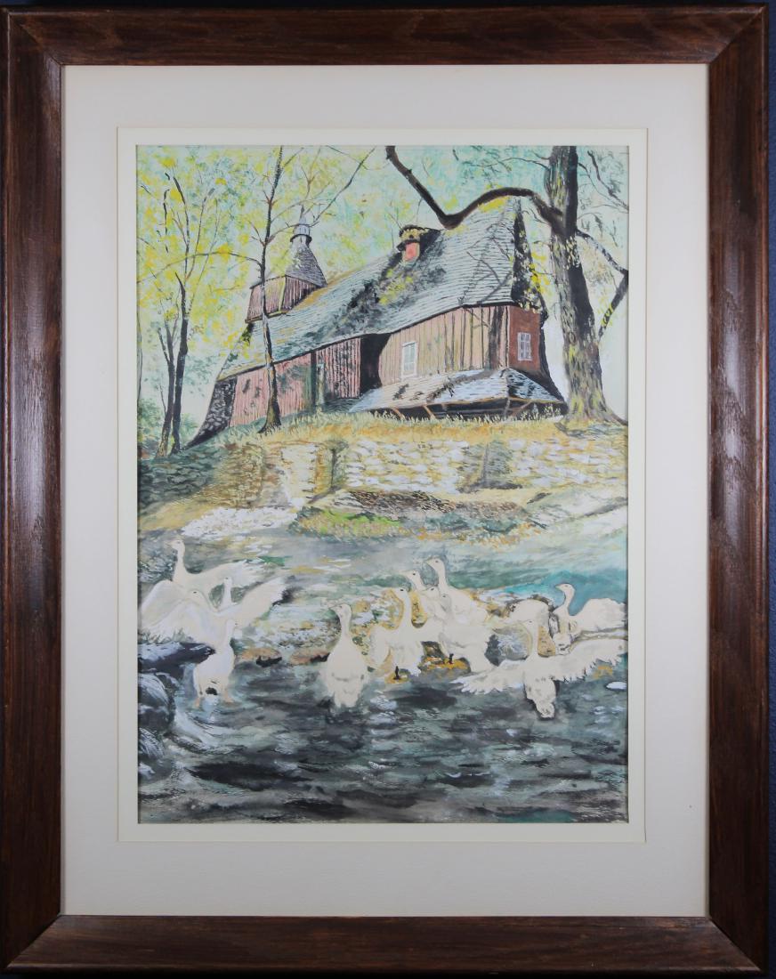 Vintage W/C of Slovakian Church w/ Geese Feeding: Vintage W/C of Slovakian Church w/ Geese Feeding in the foreground. Watercolor. Inscribed verso. Sight Size: 20 x 15 in. Overall Size: 29 x 23 in. Framed behind glass.